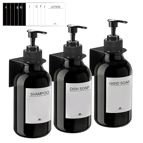 Seifenspender Wandbefestigung Ohne Bohren,3er Set 500ml Seifenspender Wand Schampoospender Dusche Spülmittelspender Shampoo Spender für Küche Bad (Schwarz2) von RISAKOGO