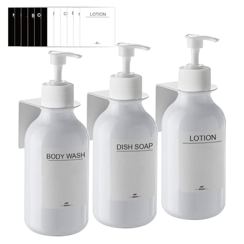 Seifenspender Wandbefestigung Ohne Bohren,3er Set 500ml Seifenspender Wand Schampoospender Dusche Spülmittelspender Shampoo Spender für Küche Bad (Weiß) von RISAKOGO