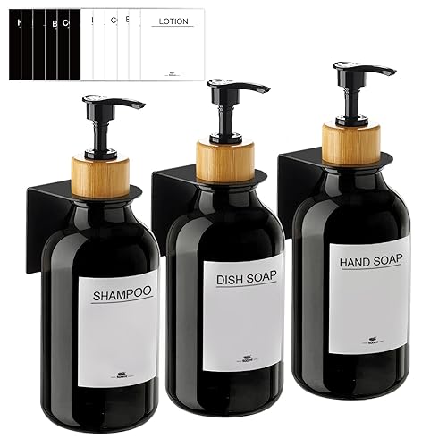 RISAKOGO Seifenspender Wandbefestigung Ohne Bohren,3er Set 500ml Seifenspender Wand Schwarz Schampoospender Dusche Spülmittelspender Shampoo Spender für Küche Bad von RISAKOGO