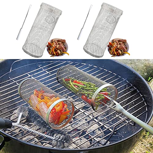 RISELY 2 Stück runder Grillkorb | Mesh-Grilltaschen | Edelstahlgrill | Outdoor-Geschenke | Holzkohlegrill-Kombination | Gemüsegrillkörbe für den Außengrill(20CM) von RISELY