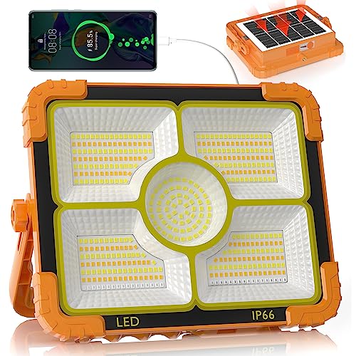 100W Baustrahler Akku Solar Arbeitsleuchte, 466 LED 5 Modi, 12000mAh Akku Arbeitsleuchte USB-wiederaufladbar, IP66 wasserdicht Campinglampe Tragbar im Freien für Notfälle, Baustelle, Camping, Garage von RISEMART