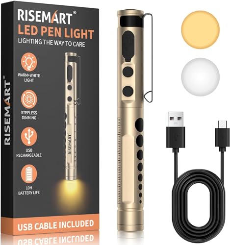 Diagnostikleuchte Medizinische, Wiederaufladbare LED Pupillenleuchte mit USB-Kabel, Warmes/Kühles Weiß & Stufenlose Dimmung, Tragbare Aluminium Medizinische Pupillenleuchte mit Clip von RISEMART