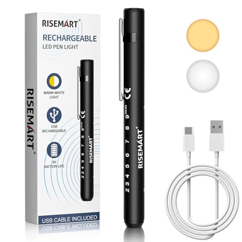 RISEMART Pupillenleuchte Diagnostikleuchte mit Pupillenmessgerät und Lineal,Warmes/Kühles Weiß, Aufladbar USB LED Stiftlampe für Krankenschwester Studentische Ärzte (Schwarz) von RISEMART