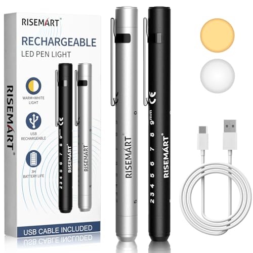 RISEMART Pupillenleuchte Diagnostikleuchte mit Pupillenmessgerät und Lineal,Warmes/Kühles Weiß, Aufladbar USB LED Stiftlampe für Krankenschwester Studentische Ärzte(Schwarz und Silber) von RISEMART