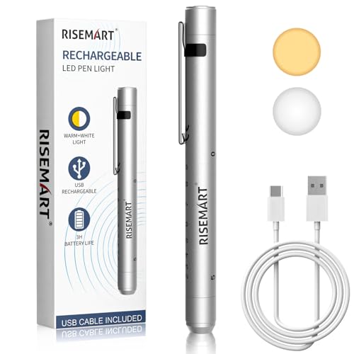 RISEMART Pupillenleuchte Diagnostikleuchte mit Pupillenmessgerät und Lineal,Warmes/Kühles Weiß, Aufladbar USB LED Stiftlampe für Krankenschwester Studentische Ärzte(Silber) von RISEMART