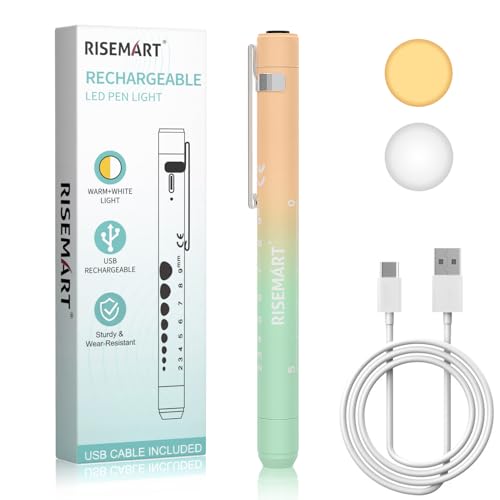 RISEMART Pupillenleuchte Diagnostikleuchte mit Pupillenmessgerät und Lineal,Warmes/Kühles Weiß, Aufladbar USB LED Stiftlampe für Krankenschwester, Rechargeable penlight(Farbverlauf Gelb grün) von RISEMART