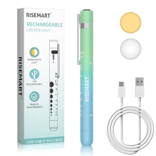 RISEMART Pupillenleuchte Diagnostikleuchte mit Pupillenmessgerät und Lineal,Warmes/Kühles Weiß, Aufladbar USB LED Stiftlampe für Krankenschwester, Rechargeable penlight (Farbverlauf blau grün) von RISEMART