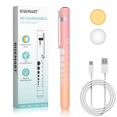 RISEMART Pupillenleuchte Diagnostikleuchte mit Pupillenmessgerät und Lineal,Warmes/Kühles Weiß, Aufladbar USB LED Stiftlampe für Krankenschwester Studentische Ärzte, Pen Light(Farbverlauf rosa orange) von RISEMART