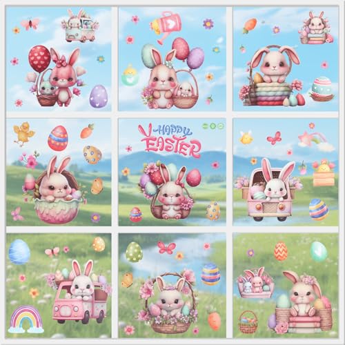9 Blätter Fensterbilder Ostern Selbstklebend, Fenstersticker Ostern mit Hase Ostereier, PVC Fensteraufkleber, Aufkleber Fenster Wiederverwendbar füKinderzimmer Deko von RISF