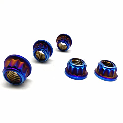 RISON Titan Mutter M6 x 1.0mm Bi-Hex Kettenradmutter M6 Titan Mutter 12PT Flansch Kontermutter gebrannt Blau Titan Metall Kontermutter 5 Stück von RISON-Titanium