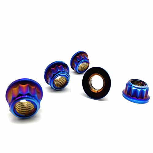 RISON Titan Mutter M8 x 1.25mm Bi-Hex Kettenradmutter M8 Titan Mutter 12PT Flansch Kontermutter gebrannt Blau Titan Metall Kontermutter 5 Stück von RISON-Titanium