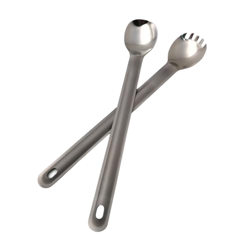RISON-Titanium 2 Stück Titan Camping Besteck, 2 in 1 Lange Löffel und Gabel mit Polierter, Outdoor Göffel Spork Ultraleichtes Kaffeelöffel Dessertlöffel Gabel Reisebesteck Outdoorbesteck von RISON-Titanium