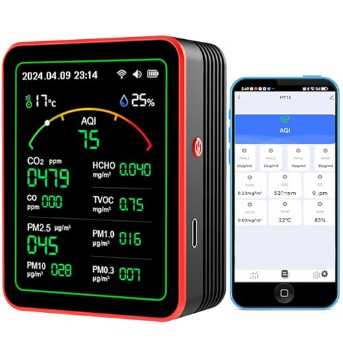 CO2 Monitor,15 in 1 Indoor Air Quality Meters Portable Carbon Dioxide Detector, LCD Backlight Screen CO2 TVOC HCHO PM2.5 PM10 Tester with Alarm Clock for Home and Office with App Control CO2 Monitor,15 in 1 Indoor Air Quality Meters Portable Carbon Dioxide Detector, LCD Backlight Screen CO2 TVOC HCHO PM2.5 PM10 Tester with Alarm Clock for Home and Office with App Control von RISOON