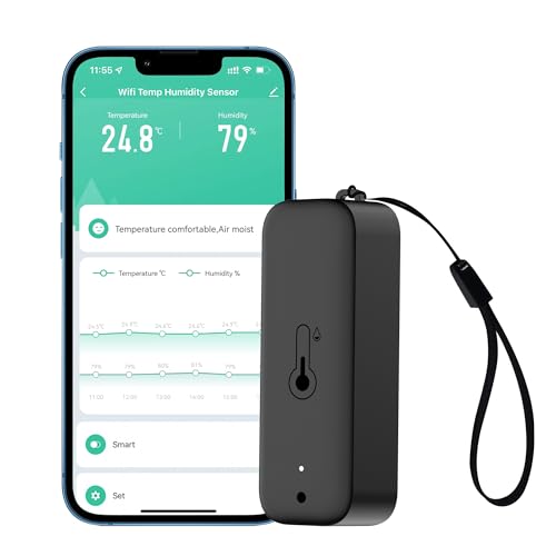 Smart Hygrometer Thermometer: wasserdichtes Feuchtigkeits und Temperatursensor mit App-Alarmbenachrichtigung, Selbstmagnetischer WiFi sensor für den Innen Außenbereich, kompatibel Alexa (1PC,Black) von RISOON