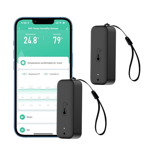 Smart Hygrometer Thermometer: wasserdichtes Feuchtigkeits und Temperatursensor mit App-Alarmbenachrichtigung, Selbstmagnetischer WiFi sensor für den Innen Außenbereich, kompatibel Alexa (2PC,Black) von RISOON