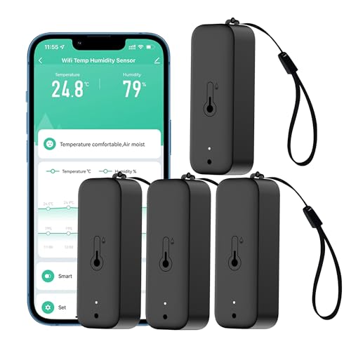 Smart Hygrometer Thermometer: wasserdichtes Feuchtigkeits und Temperatursensor mit App-Alarmbenachrichtigung, Selbstmagnetischer WiFi sensor für den Innen Außenbereich, kompatibel Alexa (4PC,Black) von RISOON