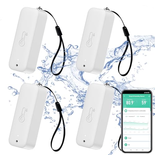 Smart Hygrometer Thermometer: wasserdichtes Feuchtigkeits und Temperatursensor mit App-Alarmbenachrichtigung, Selbstmagnetischer WiFi Sensor für den Innen Außenbereich, kompatibel Alexa (4PC,White) von RISOON
