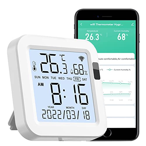 WiFi-Feuchtigkeits Temperaturmessgerät: intelligenter Temperatur-Feuchtigkeitssensor mit PIR-Induktions-LCD-Bildschirm und App-Benachrichtigungsalarm, funktioniert mit Alexa Google Assistant von RISOON