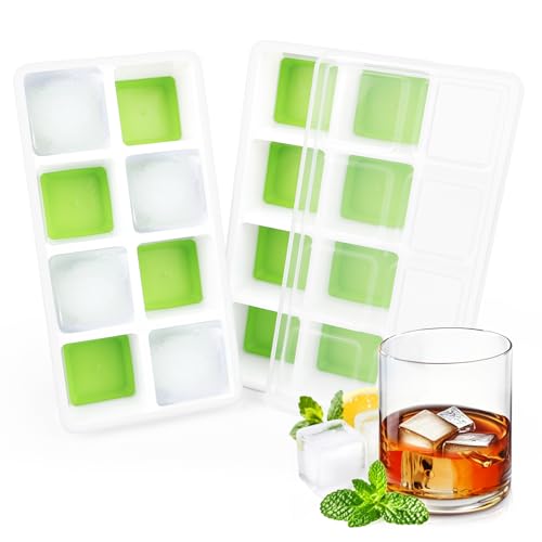 Große Eiswürfelform, RISVOWO Eiswürfelbehälter mit Decke, 2 Stück Silikon Eiswürfel BPA Frei, Quadratische Ice Cube Tray Stapelbar, Wiederverwendbare Eisformen für Cocktail Whiskey Kaffee(Grün) von RISVOWO