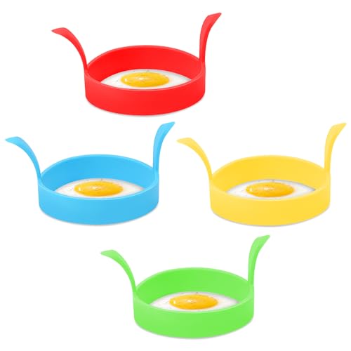 RISVOWO Spiegeleierformen für Die Pfanne, 4 Stück Spiegeleiform, 8 cm Pancake Form, Hitzebeständige Eierformer, Runde Eierform zum Kochen (Blau, Gelb, Grün und Rot) von RISVOWO