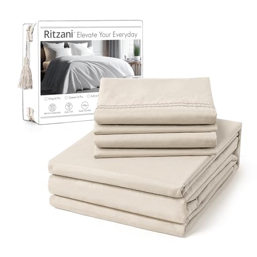 RITZANI Bettlaken-Set für King-Size-Betten, Tiefe Taschen, 6-teilig, ultraweich, maschinenwaschbar, Luxus-Bettlaken-Set – schrumpffrei und lichtbeständig, Bestickt (Kingsize, Weizen) von RITZANI