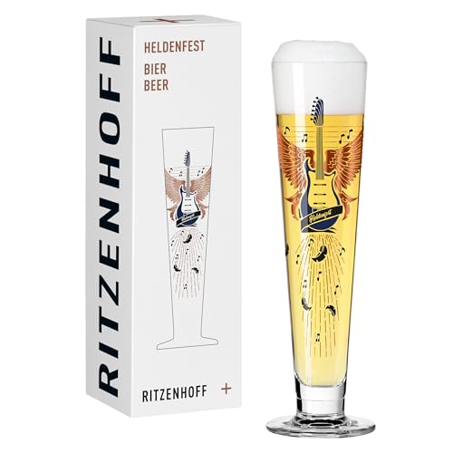 RITZENHOFF 1011017 Bier-Glas 330 ml - Serie Heldenfest, Gitarren-, Flügel-Motiv, rund, in Kupfer, Blau, Schwarz - Made in Germany von RITZENHOFF