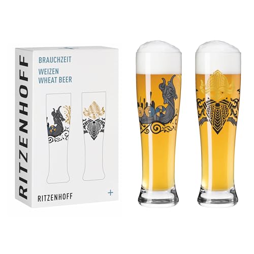 RITZENHOFF 3481010 Weizenbierglas 500 ml - 2er Set - Serie Brauchzeit - Runen Motiv, Gold und Schwarz - Made in Germany von RITZENHOFF