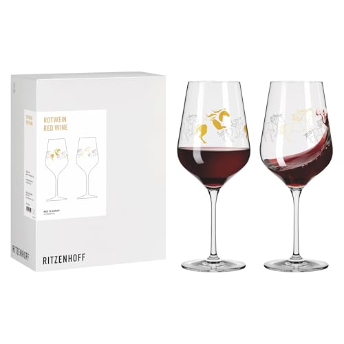 RITZENHOFF 8081001 Rotweinglas 2er Set 500 ml, Serie Reitgold - 2 Stück, Motiv Pferde Gold-Lineart, Made in Germany von RITZENHOFF