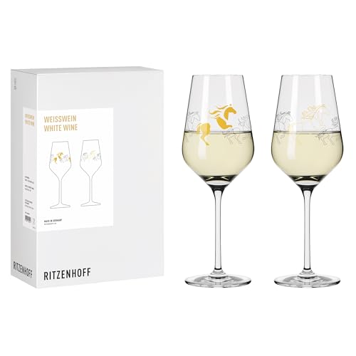 RITZENHOFF 8082001 Weißweinglas 2er Set 300 ml, Serie Reitgold - 2 Stück, Motiv Pferde Gold-Lineart, Made in Germany von RITZENHOFF