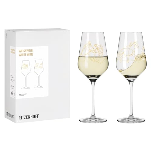 RITZENHOFF 8082002 Weißweinglas 2er Set 300 ml, Serie Reitgold, 2 Stück, Motiv Pferd und Reiterin, Gold, Made in Germany RITZENHOFF 8082002 Weißweinglas 2er Set 300 ml, Serie Reitgold, 2 Stück, Motiv Pferd und Reiterin, Gold, Made in Germany von RITZENHOFF