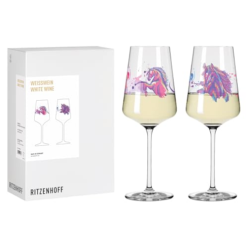 RITZENHOFF 8085002 Weißweinglas 2er Set 400 ml, Serie Reitgold - 2 Stück mit Motiv Pferde lila-pink, Made in Germany von RITZENHOFF