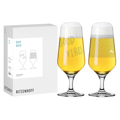 RITZENHOFF 8091001 Pils-Glas 330 ml - 2er Set - Serie Wanderlust - Bierglas mit Surfer-Motiv, Blau - Made in Germany von RITZENHOFF