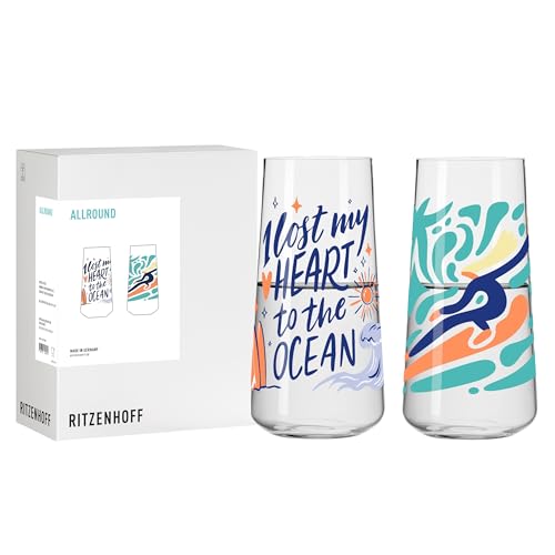 RITZENHOFF 8092001 Allround Trinkglas 2er Set 600 ml, Serie Wanderlust, 2 Stück mit Surfer-Motiv, bunt - Made in Germany RITZENHOFF 8092001 Allround Trinkglas 2er Set 600 ml, Serie Wanderlust, 2 Stück mit Surfer-Motiv, bunt - Made in Germany von RITZENHOFF