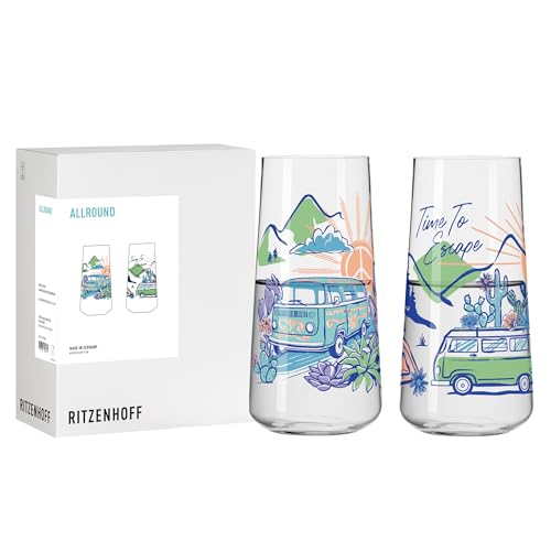 RITZENHOFF 8092002 Allround Trinkglas 2er Set 600 ml, Serie Wanderlust, 2 Stück mit Van-Motiv, bunt - Made in Germany von RITZENHOFF