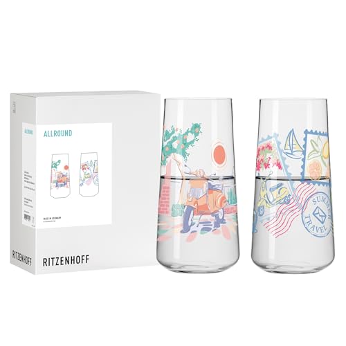 RITZENHOFF 8092003 Allround Trinkglas 2er Set 600 ml, Serie Entdecker, 2 Stück mit Roller-Motiv, bunt - Made in Germany von RITZENHOFF
