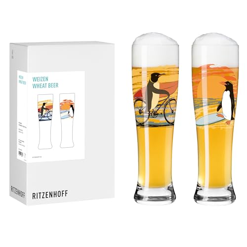 RITZENHOFF 8093001 Weizenbierglas 500 ml - 2er Set, Serie Wanderlust, mit Pinguin-Motiv, bunt - Made in Germany von RITZENHOFF