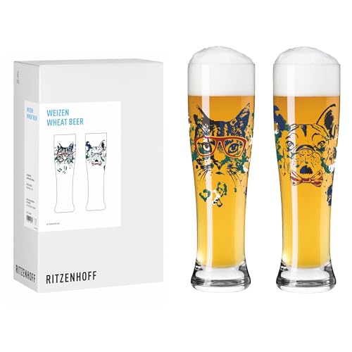 RITZENHOFF 8103001 Weizenbierglas 500 ml - 2er Set, Serie Tierisch glücklich, mit Hund-Katze Motiv bunt von RITZENHOFF