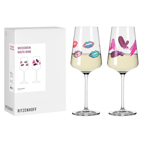 RITZENHOFF 8116002 Weißweinglas 2er Set 500 ml, Serie Fashion - 2 Stück, Kussmund Motiv rot, Made in Germany von RITZENHOFF