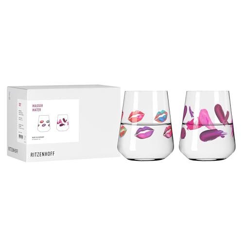RITZENHOFF 8117002 Wasserglas 2er Set 500 ml, Serie Fashion - 2 Stück, Kussmund Motiv rot, Made in Germany von RITZENHOFF