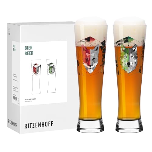 RITZENHOFF 8122001 Bierglas, 300 ml, 2er Set - Serie Jäger & Sammler - mit Motiv Wolf, Fuchs - mit Digitaldruck von RITZENHOFF