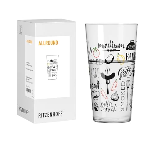 RITZENHOFF 8241001 Universalglas 600 ml - Serie Grill & Cook, Nr. 1, Wasserglas mit Motiv BBQ, schwarz - Made in Germany von RITZENHOFF