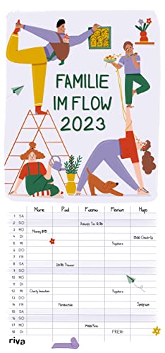 Familie im Flow 2023: Jahresplaner mit Yoga-Illustrationen, Monatskalendarium und fünf Spalten zum Ausfüllen von RIVA