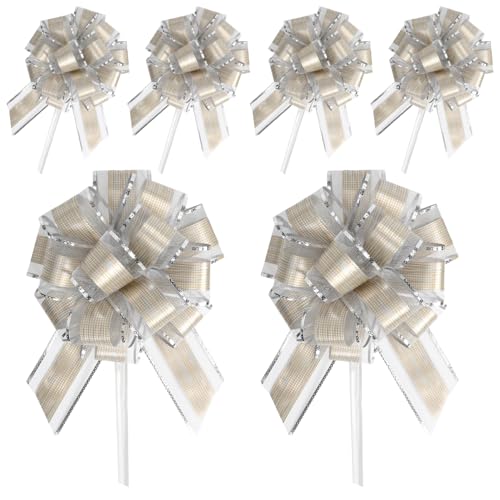 RIVIEVAL 6 Stück Zugschleifen, 6,3 Zoll Schleifen zum Verpacken von Geschenken, Silberne Schleifen zum Verpacken von Geschenken, große Schleifen zum Verpacken von Geschenken (Silber) von RIVIEVAL