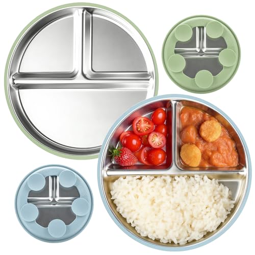 RIVIEVAL Babyteller Edelstahl mit Saugnäpfen, Rutschfeste BPA-freie Kinderteller mit Trennwänden, Abnehmbare Silikonhülle, 2er Pack (Blau + Grün) von RIVIEVAL