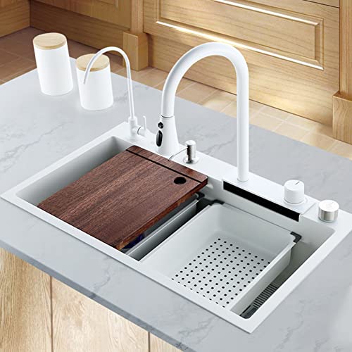 Home Kitchen Sinks Single Bowl Kitchen Sink Waterfall 29.5×17.7" 304 Edelstahl, weißes Nano-Bar-Spülbecken mit multifunktionalem ausziehbarem Wasserhahn und Spülenzubehör von RIVILA