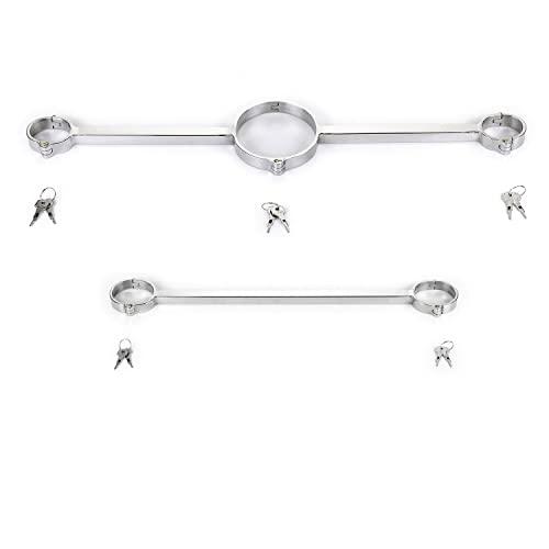 RIVILA 2Pcs Edelstahl Spreizstange Bondage Set mit Handschellen/Handfesseln+ Halsbänder+ Fußfesseln, Fuß/Hand Restraint, Fetish Folter BDSM Sklave Fesselset Erotik Sexspielzeug für Paare,Male-Silber von RIVILA