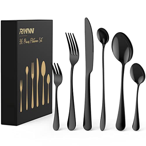 RIWNNI Besteck Set 36-Teilig für 6 Personen - Edelstahl-Schwarzes Hochglanzpoliertes Essbesteck - Messer, Gabel, Löffel - Spülmaschinenfest von RIWNNI