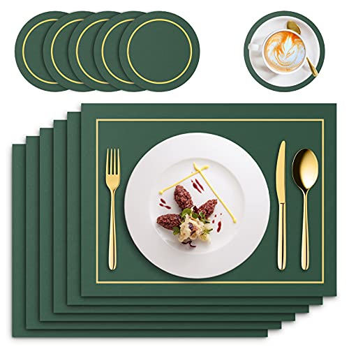RIWNNI Tischsets PU Leder 6er Set, Platzsets und Untersetzer Set, Abwaschbar Lederoptik Platzdeckchen, Wasserdicht Rutschfest Hitzebeständig Kunstleder Tischset, 41x31cm Esstisch Unterlage, Grün von RIWNNI