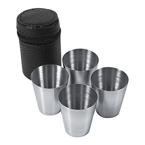 RIZGHWOY Edelstahl Tasse 6 PCs Tragbar 30 Ml Kaffeee -Bierbecher mit Lederbeutel für Reisebühne Camping -Picknick (4 Packung) von RIZGHWOY