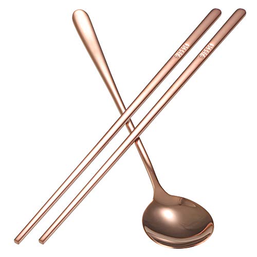 RIZGHWOY Edelstahllöffel Stäbchen Chopstäbchen Set Koreanischer Stil Castlery Spiegel Polierter Anti-Rutsch-Griff für Home Restaurant Café Café mit Goldenen Rosenfarben (Rose) von RIZGHWOY